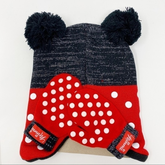 Disney Minnie Mouse Hat and Mittens Set Red Black Ages 2-4 years - Picture 3 of 4